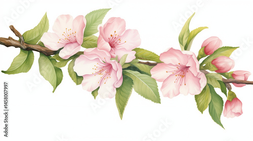 Watercolor illustration of cherry blossom branch in pink and green tones, springtime beauty concept, with copy space