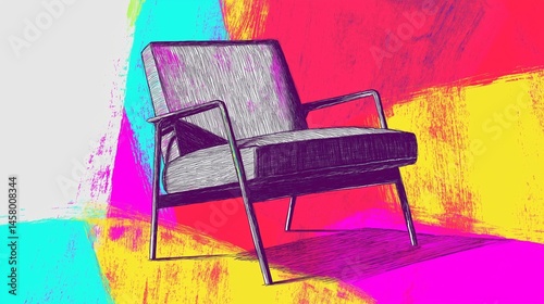 Minimalist Chair Drawing with a Bright Abstract Backdrop - A finely crafted pencil-style drawing of a stylish chair, positioned in front of a bold, abstract multicolor background. 