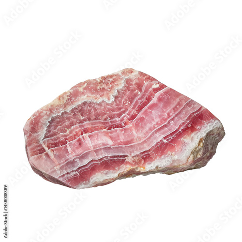 A polished rhodochrosite rock with vibrant red and white banding, showcasing intricate natural patterns. isolated on white background and transparent background