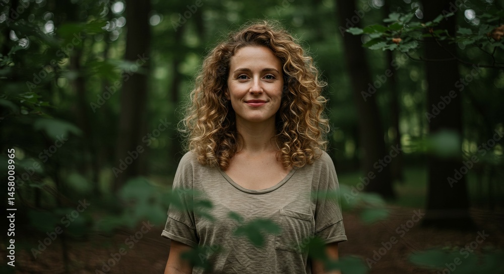 © asolaja - Curlyhaired woman smiles among trees green ambiance