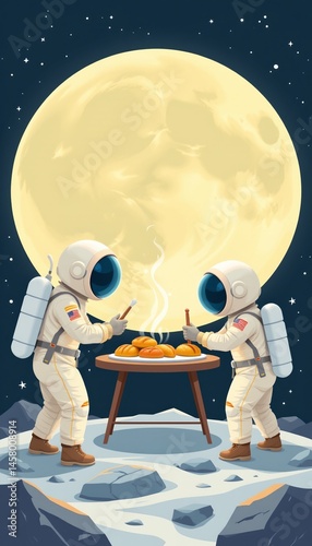Astronauts baking pastries on the moon lunar bakery experience food art space environment whimsical viewpoint