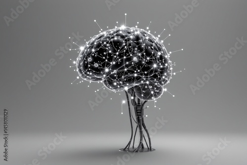 Monochrome artificial intelligence brain visualization digital art futuristic abstract environment low angle view