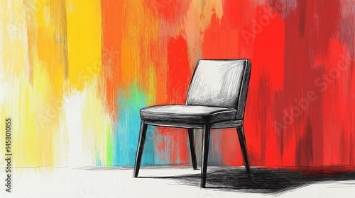 Minimalist Chair Drawing with a Bright Abstract Backdrop - A finely crafted pencil-style drawing of a stylish chair, positioned in front of a bold, abstract multicolor background.