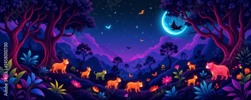 Vibrant neon jungle nightlife featuring glowing animals in enchanted forest fantasy art colorful environment dreamy viewpoint