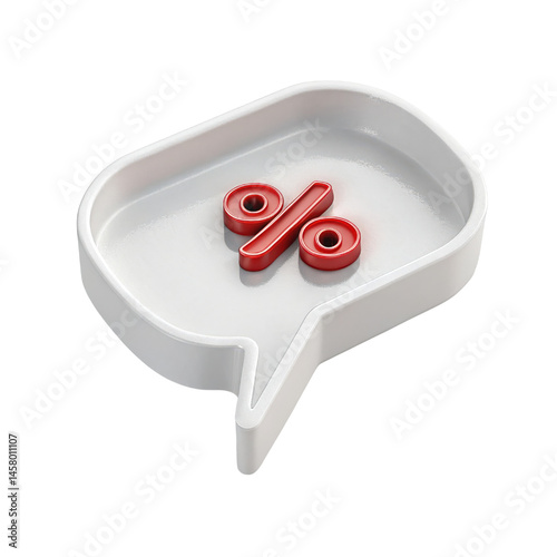  3D speech bubble containing a metallic red percentage sign (%) insiden. photo