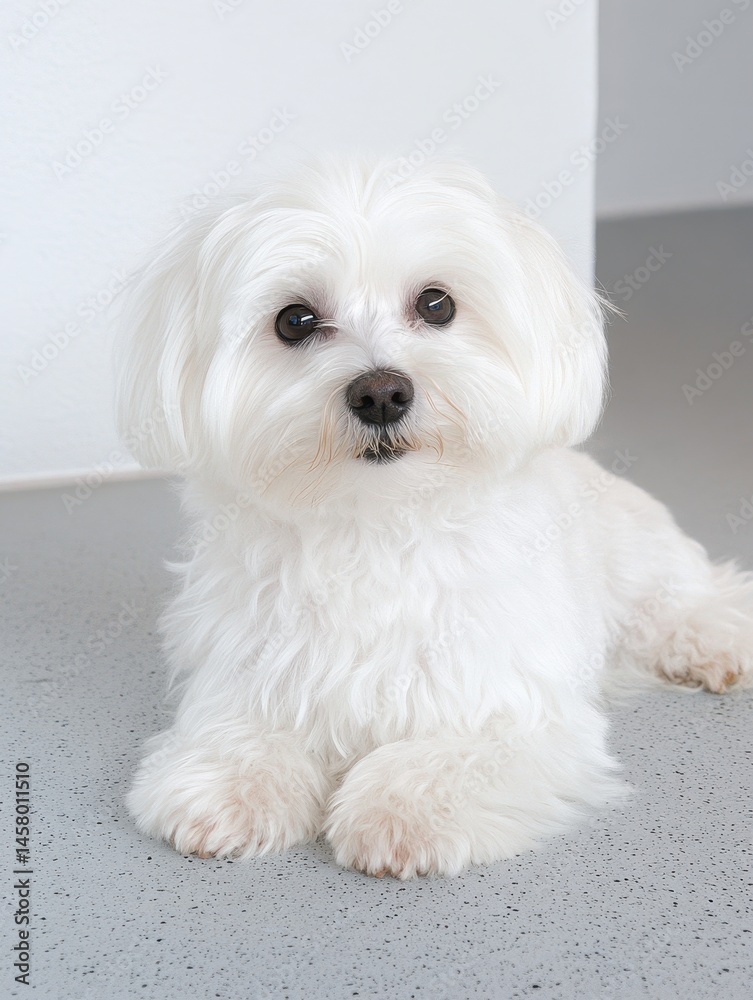 Adorable small white dog with fluffy fur lying on a light grey floor indoors. Adorable small white dog with fluffy fur lying on a light grey floor indoors.