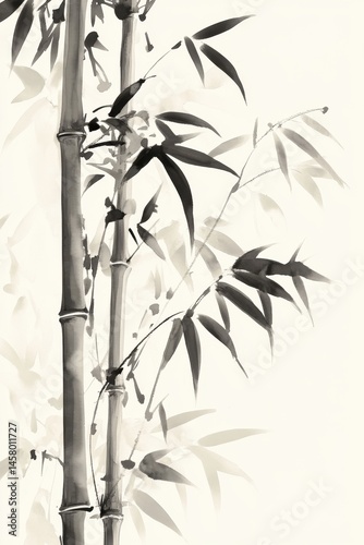 Elegant black ink bamboo painting with serene brushstrokes on a light background.
