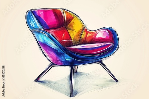 Vibrant Artistic Chair Sketch with Bold Colors - A highly detailed drawing of a modern, colorful chair, featuring smooth lines and a blend of vivid hues. 