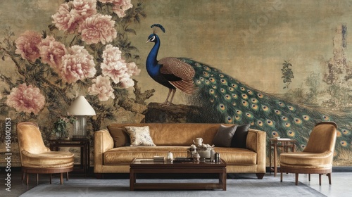 Elegant living room featuring a peacock amidst floral artistry.