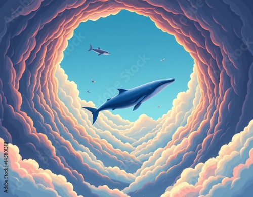 Majestic sky whales swimming through clouds dreamy atmosphere digital art surreal environment fantastical concept