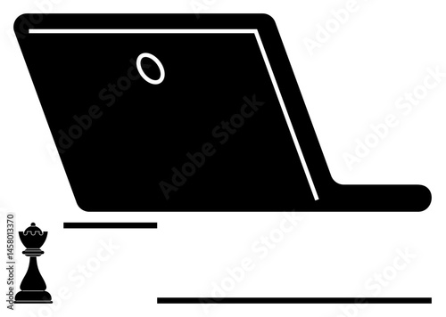 Open laptop next to a chess piece symbolizing strategy, technology, focus, and analysis. Ideal for leadership, business growth, innovation, decision-making, digital transformation flat simple
