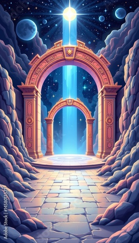 Interdimensional portal marketplace cosmic realm digital artwork mystical environment wide angle trade and exploration
