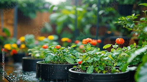 Vibrant indoor garden with potted plants and rain