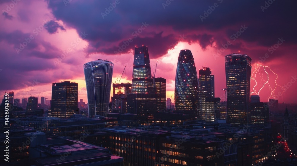 Fototapeta premium Dramatic London skyline during a storm with colorful clouds and lightning striking the buildings.