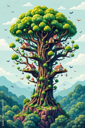 Symbiotic tree cities integrated with nature fantasy landscape digital art vibrant environment aerial view sustainable living