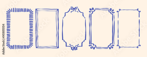 Set of Hand Drawn Border Frame Retro Vintage Aesthetic with Bow for Wedding, Summer Mediterranean Sea Food Menu, Greeting Card, with Dolce Vita Picnic Vacation in Vector