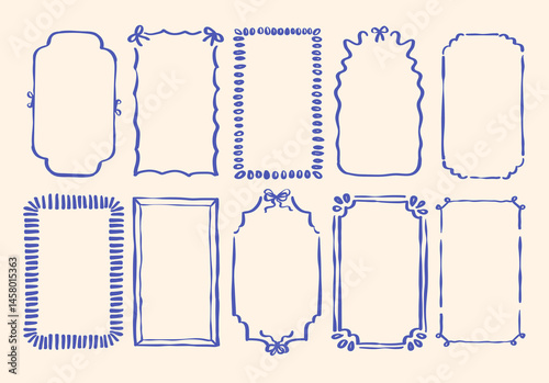 Set of Hand Drawn Border Frame Retro Vintage Aesthetic with Bow for Wedding, Summer Mediterranean Sea Food Menu, Greeting Card, with Dolce Vita Picnic Vacation in Vector