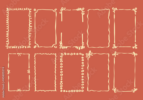 Set of Hand Drawn Border Frame Retro Vintage Aesthetic with Bow for Wedding, Summer Mediterranean Sea Food Menu, Greeting Card, with Dolce Vita Picnic Vacation in Vector