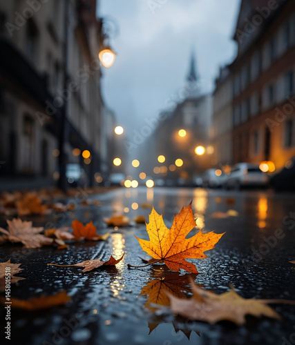 Fallen leaves on city streets after autumn rain
