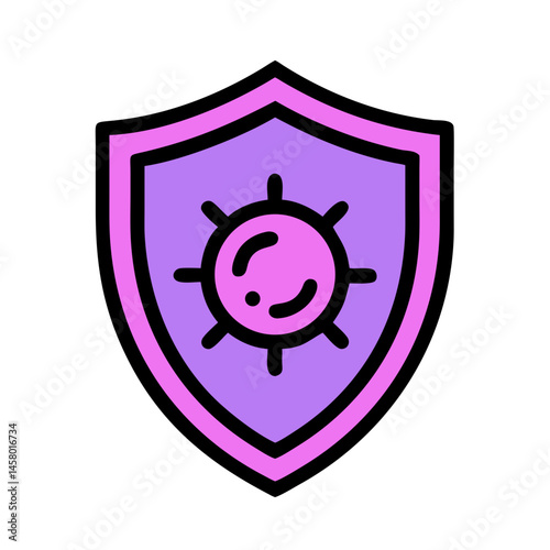 Purple shield icon with a virus/germ symbol and a checkmark, on a white background. Use for antivirus, health, or hygiene sites/blogs.