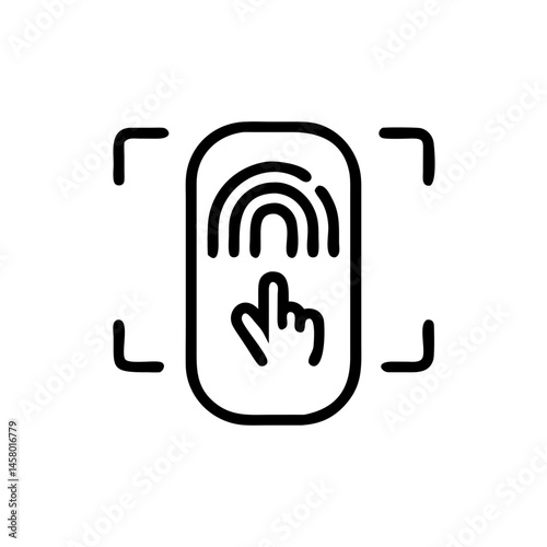 Black line icon of a fingerprint within scanner marks, on a white background. Use for security, biometric identification, or tech access sites/blogs.