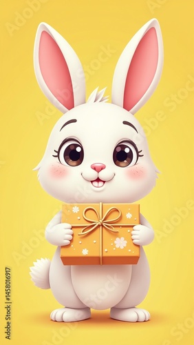 Cute white bunny holding wrapped gift box with bow on yellow background for Easter holiday marketing campaign or springtime advertising with copy space for text