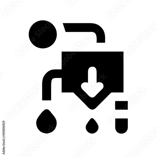 Solid icon: liquid dispenser with drops (soap/sanitizer), white background. Use for hygiene, cleaning, or liquid dispensing sites/blogs.