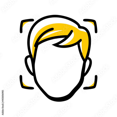 Face scan icon with yellow highlighted hair on white background. Use for user profiles, ID verification, or biometric system interfaces.
