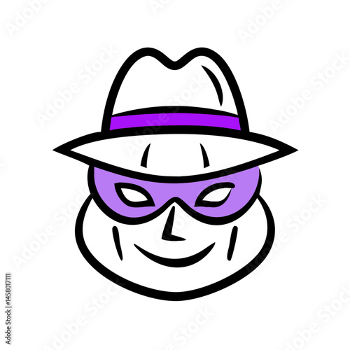 Cartoon icon face with mask and fedora hat. Use for incognito mode, privacy tools, or mystery/spy themes