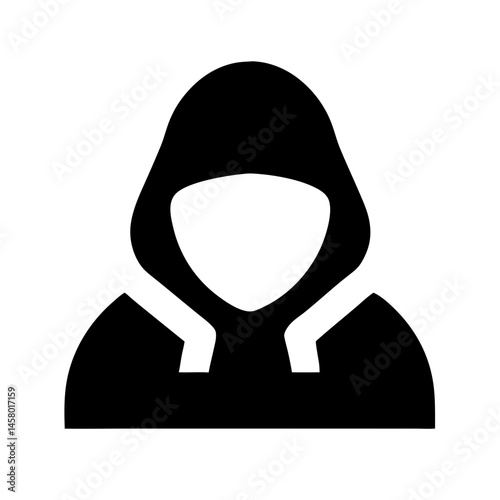 Icon of faceless figure in black hoodie on white background. Use for cybersecurity, anonymity, or hacker themes.