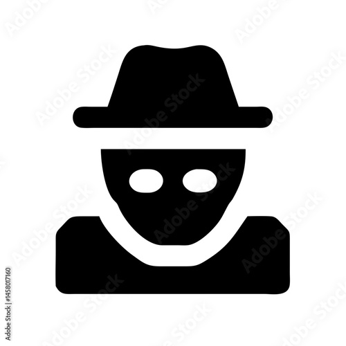 Solid black spy/detective silhouette icon with hat on white background. Use for mystery themes, security sites, or incognito modes.