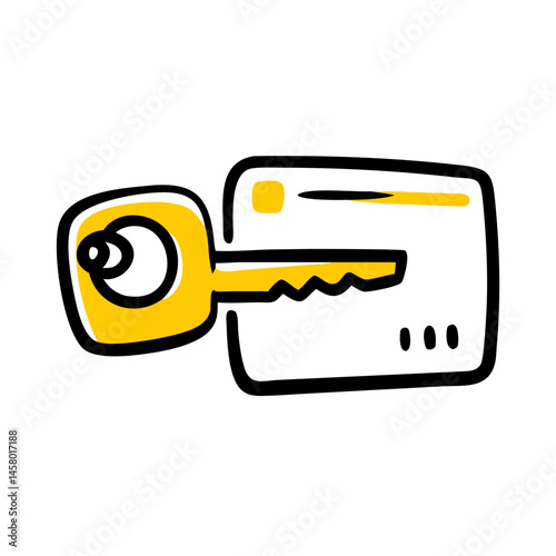 Line icon: key card (card with overlaid key), white background. Use for access control, security, or identification-themed sites/blogs.