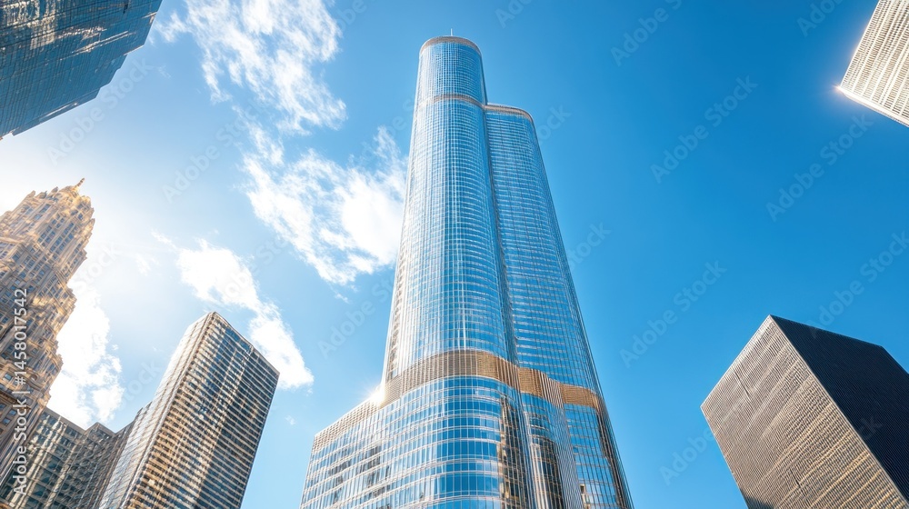 Naklejka premium Modern skyscraper towering against a vibrant blue sky