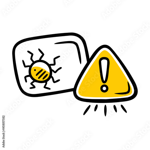 Doodle icon: yellow computer bug/virus on screen, yellow warning sign with exclamation mark. Use for cybersecurity, virus alert, or tech problem sites.