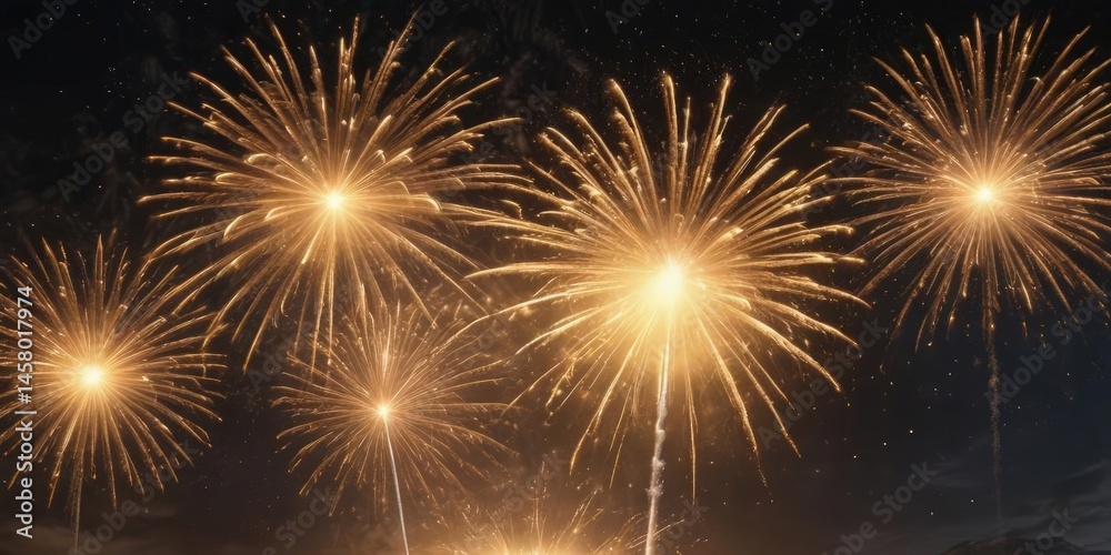 Naklejka premium Golden fireworks explode, illuminating night sky, backdrop, blazing