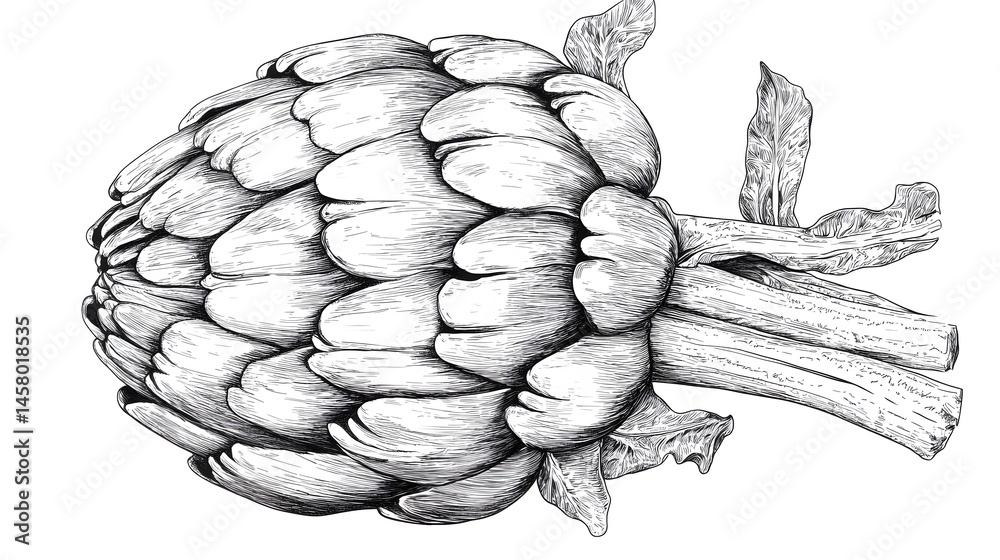 Fototapeta premium Hand-drawn illustration of a whole artichoke head.