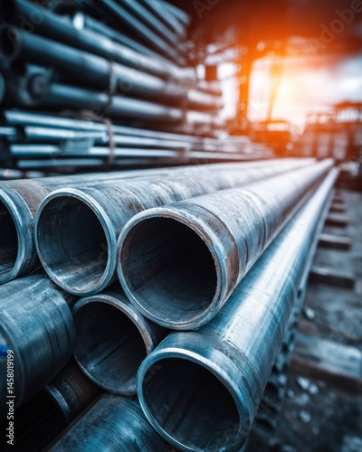 Stacked metal pipes at construction site or industrial warehouse with blurred background