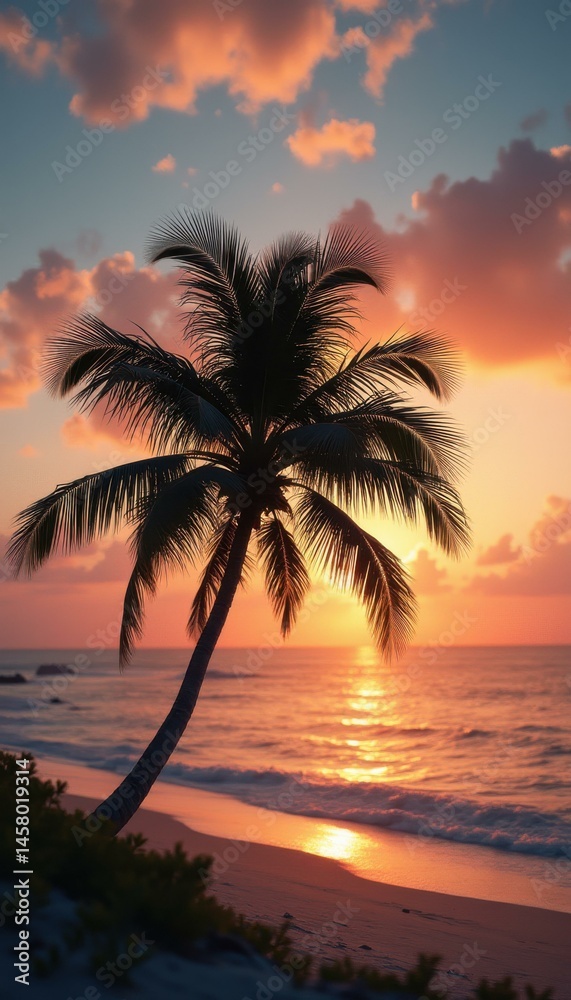 Obraz premium Tranquil Tropical Paradise: Silhouetted Palm Tree Against a Vibrant Sunset Over a Calm Ocean