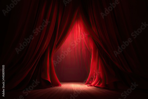 Dark red velvet stage curtains open