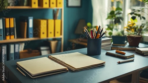 Home office workspace with blank notebooks and supplies