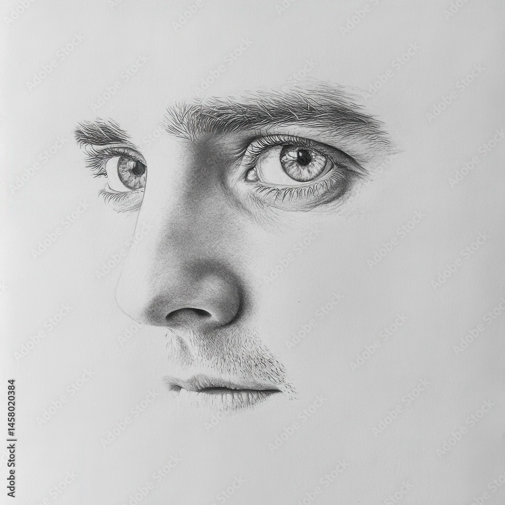 Obraz premium Detailed Graphite Pencil Drawing of a Man's Eyes, Nose, and Lips with Subtle Facial Hair