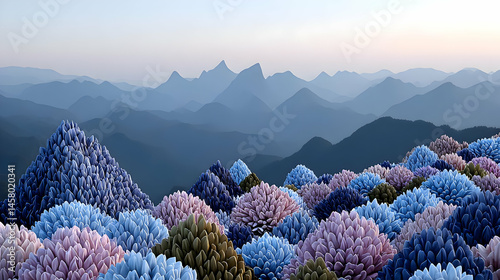 art landscape in saturated hues of purple, green, and blue