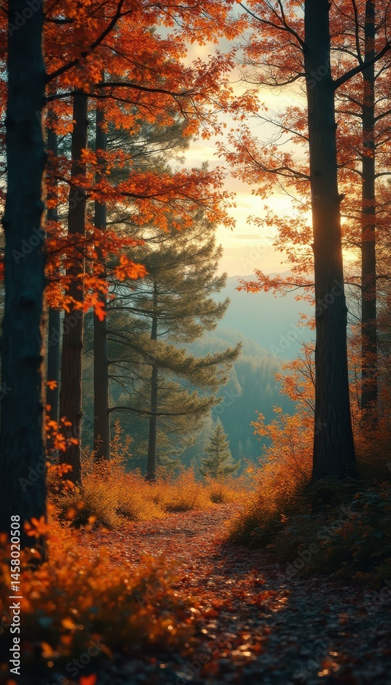 Obraz premium Autumn forest pathway scene with orange leaves and sunlight, nature landscape, trees, foliage and trail