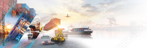 Container truck in ship port for business Logistics and transportation of Container Cargo ship and Cargo plane with working crane bridge in shipyard at sunrise, logistic import export