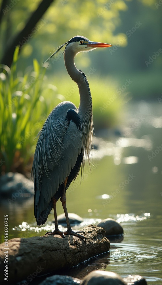 Naklejka premium Elegant Blue Heron Standing on Log Near Water in Serene Natural Setting