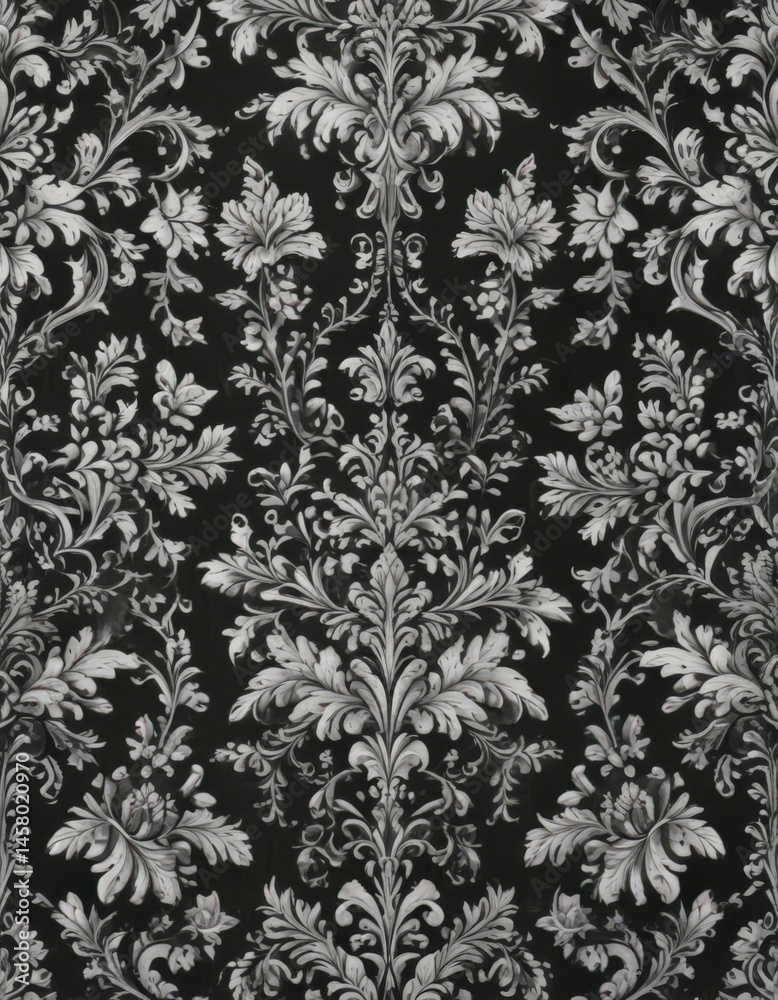 Fototapeta premium Intricate black & white damask; repeating floral & leaf motif , decoration, white, black