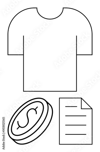 T-shirt graphic paired with coin and document symbols representing pricing, branding, and entrepreneurship. Ideal for fashion merchandising, e-commerce, business planning, financial analysis