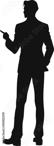 Silhouette of a man in a suit, standing confidently with one hand on his hip and the other pointing forward. Ideal for business, leadership, and professional themes.