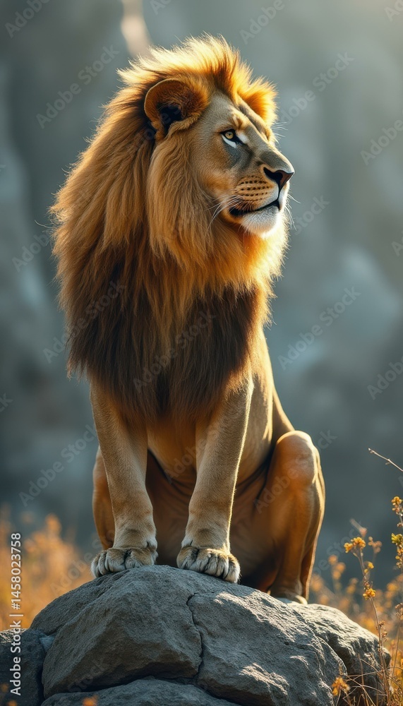 Obraz premium Majestic Male Lion Posing on a Rock, Capturing the Beauty and Power of Wildlife in a Natural Setting with a Warm Color Palette