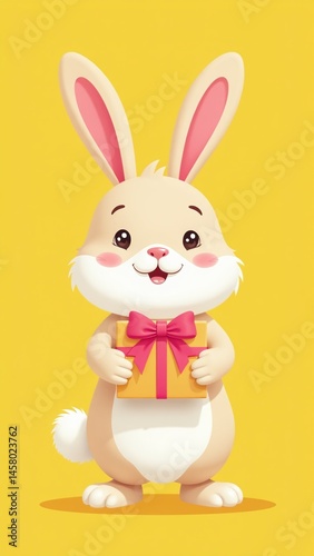 Happy cartoon bunny holding gift box with pink bow on yellow background for Easter marketing campaign, cute character design for social media advertising and children's party invitation